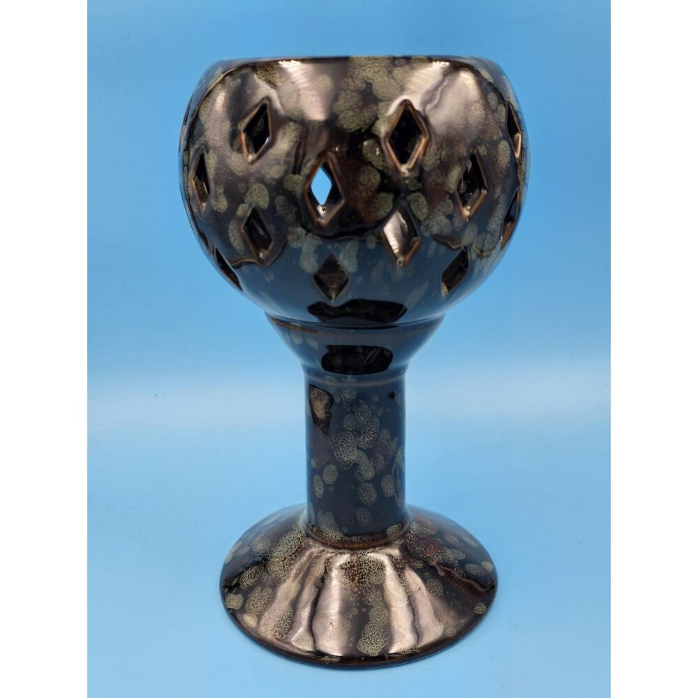 Vintage Ceramic Goblet Candle Holder Diamond Cutout Oil Spot Glaze
